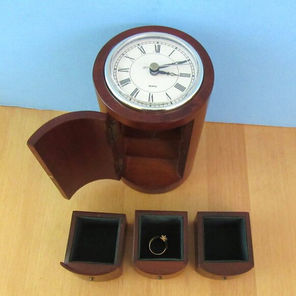 Vintage wood cylinder jewelry box with working clock - 6" tall - unisex - Picture 7 of 14